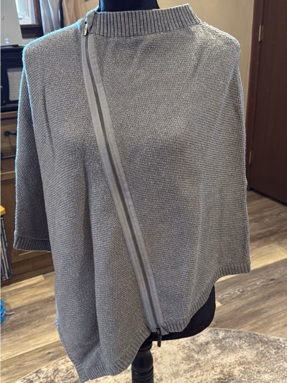 Women's Gray Asymmetrical Zip Knit Poncho - Elegant Layering